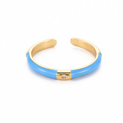 Dodger Blue Brass Enamel Cuff Rings, Open Rings, with Clear Cubic Zirconia, Nickel Free, Golden, Dodger Blue, US Size 8(18.1mm)