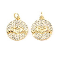 Настоящее золото 18K Латунные микро проложить кубического циркония подвески, плоские круглые подвески с жестами рук, долговечный, стойки покрытие, без свинца и без кадмия, реальный 18 k позолоченный, 17.5x15x2.5 мм, Перейти кольцо: 5x0.8 мм, внутренний диаметр: 3 мм
