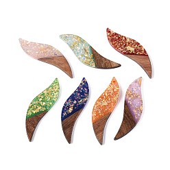 (52) Непрозрачная лаванда Большие подвески из непрозрачной смолы и орехового дерева, лист прелести, с блестящей пудрой и золотой фольгой, разноцветные, 51~51.5x15x3.5 мм, отверстие : 1.8 мм