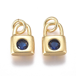 Marine Blue Brass Micro Pave Cubic Zirconia Charms, with Jump Ring, Long-Lasting Plated, Lock, Golden, Marine Blue, 8.5x6x2mm, Hole: 3mm