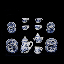 Furniture & Appliances Mini Blue and White Porcelain Tea Set, including 2Pcs Teapots, 5Pcs Teacups, 8Pcs Dishes, for Dollhouse Accessories, Pretending Prop Decorations, Blender Pattern, 121x86x25mm, 15pcs/set