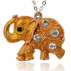 Orange Alloy Enamel Animal Pendants, with Crystal Rhinestone, Elephant, Golden Metal Color, Orange, 48x38x7mm, Hole: 3mm