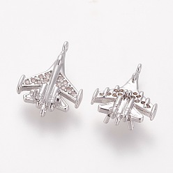 Real Platinum Plated Brass Cubic Fighter Airplane Zirconia Links, Long-Lasting Plated, Combat Aircraft, Real Platinum Plated, 16x11.8x4mm, Hole: 0.8mm