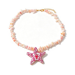 Rouge Colliers pour femmes avec pendentif étoile de mer en alliage émaillé et perles de résine, style plage d'été, or, rouge, 15.75 pouce (40 cm)