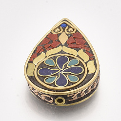 Rouge Perles Indonésiennes manuelles, avec les accessoires en laiton, larme, or, rouge, 49x30x9mm, Trou: 2mm