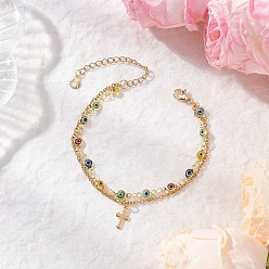 Разноцветный Многослойные браслеты ручной работы с элементами лэмпворка от сглаза, 304 женские браслеты с подвесками в виде креста из нержавеющей стали, красочный, 6-3/4 дюйм (17.3 см)