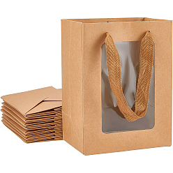 BurlyWood Kraft Paper Bags with Handle, with Cord Handles and Rectangle Window, for Retail Shopping Bag, Merchandise Bag, Gift and Party Bag, Rectangle, BurlyWood, 20x15x0.4cm, Unfold: 20x15x10cm, Window: 14x9cm