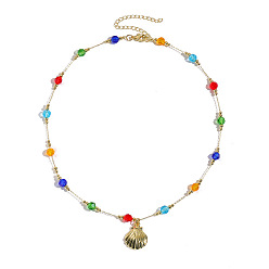 Colorful Ocean Alloy Shell Shape Pendant Iron Glass Beaded Chain Necklaces for Women, Golden, Colorful, 16.54 inch(42cm)