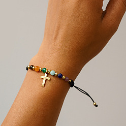 Смешанные камни Браслеты из плетеных бусин с натуральным аметистом, цитрином, красной яшмой, зеленым авантюрином, лазуритом и синтетической бирюзой, символизирующие чакры., регулируемые браслеты с крестами из латуни, 11.02 дюйм (28 см)