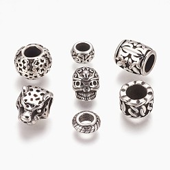 Antik Silber Farbe 304 Edelstahlkugeln, Großloch perlen, Mischformen, Antik Silber Farbe, 8~12x8~10x3.5~13.5 mm, Bohrung: 4~6 mm