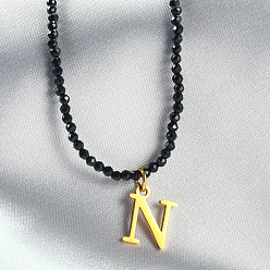Letter N 304 подвеска из нержавеющей стали с инициалом, ожерелья из граненых круглых бусин черного стекла для женщин, золотые, Письмо N, 15.35 дюйм (39 см)