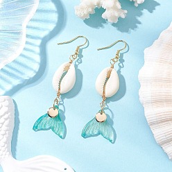 Аквамарин Серьги-подвески из натурального стекла с ракушками каури, с 304 нержавеющей стали серьги крючки, рыбий хвост, золотые, аквамарин, 68~73x20 мм