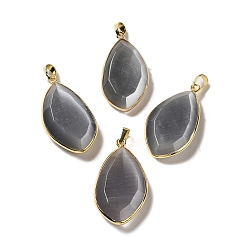 Gray Cat Eye Pendants, with Rack Plating Brass Loops, Oval Charm, Gray, 36~36.5x19.5~20x6~6.5mm, Hole: 6.5x3.5mm
