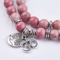 Rhodochrosite Natural Rhodochrosite Wrap Bracelets, with Alloy Finding, Om Symbol and Tree of Life, 36.22 inch~39.37 inch(92~100cm)