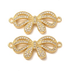 Real 18K Gold Plated Brass Micro Pave Clear Cubic Zirconia Connector Charms, Bowknot Links, Rack Plating, Long-Lasting Plated, Cadmium Free & Lead Free, Real 18K Gold Plated, 13.5x30.5x3.5mm, Hole: 1.6mm