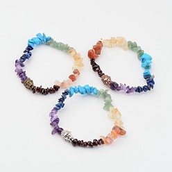 Mixed Stone Chakra Natural Gemstone Beaded Stretch Bracelets, with Tibetan Style Buddha Beads, Inner Diameter: 2 inch(5.2cm)
