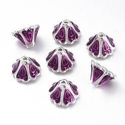 Pourpre Imitation de style indonésie bouchons d'or alliage plaqué émail fleur de perles, platine, pourpre, 16x10mm, Trou: 2mm
