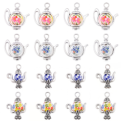 Color mezclado 24 piezas 4 estilos colgantes de aleación de estilo tibetano, encantos de tetera, con el vidrio y acrílico, plata antigua, color mezclado, 21.5~26.5x19~23.5x8.5~10.5 mm, agujero: 3~4 mm, 6 piezas / estilo