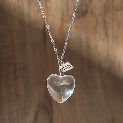 Прозрачный Подвеска-талисман в форме сердца из смолы с семечком одуванчика для женщин., платина, прозрачные, 18.50 дюйм (47 см)