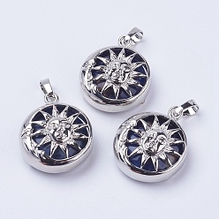 Содалитовое Природные подвески содалитом, с латунной фурнитурой , плоские круглые с солнцем, платина, 28x24x9~10 мм, отверстие : 5x7 мм