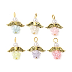 (52) Непрозрачная лаванда Подвески из непрозрачного акрила и тибетского сплава, с железными петлями, ангел с цветочными подвесками, разноцветные, 25.5x22x5.5 мм, отверстие : 4.5 мм