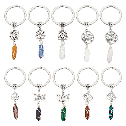 Смешанные камни 10 брелок с кулоном в виде лотоса из сплава в тибетском стиле и драгоценными камнями в виде пули, с 304 брелоками для ключей из нержавеющей стали, 8.1~8.8 см