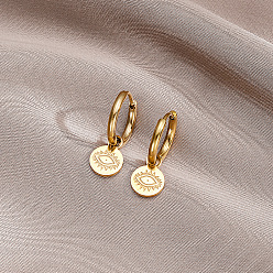 Golden 304 Stainless Steel Hoop Earrings, Flat Round with Evil Eye, Golden, 21x15mm