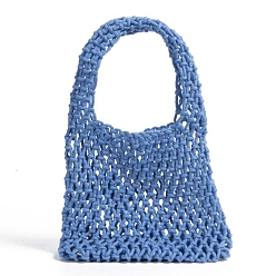 Steel Blue Woven Cotton Handbags, Women's Net Bags, Shoulder Bags, Steel Blue, 30x21x8cm