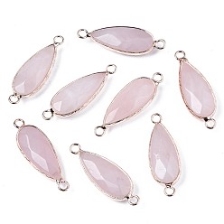 Rose Quartz Natural Rose Quartz Link Connectors, with Rose Gold Plated Brass Edge and Loop, Teardrop, 33~34x11x6mm, Hole: 2.5mm