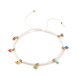 Blanco Tobillera con cuentas trenzadas de latón y semilla de vidrio con amuletos de mal de ojo de murano, tobillera ajustable para mujer, blanco, diámetro interior: 2-3/4 pulgada (7 cm)