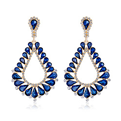 Темно-Синий Серьги-гвоздики в форме капли из цинкового сплава со стразами, со стеклом, золотые, темно-синий, 65x36 мм
