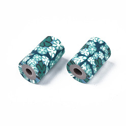 Teal Handmade Polymer Clay Beads, Column with Jewelry Crafts Pattern, Teal, 11x6~7.5mm, Hole: 2~3mm