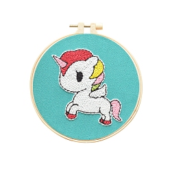 Unicorn Animal Theme DIY Display Decoration Punch Embroidery Beginner Kit, Including Punch Pen, Needles & Yarn, Cotton Fabric, Threader, Plastic Embroidery Hoop, Instruction Sheet, Unicorn, 155x155mm