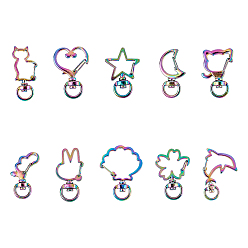 Rainbow Color Alloy Swivel Lobster Claw Clasps, Swivel Snap Hook, Mixed Shapes, Rainbow Color, 20pcs/box