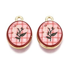 Indian Red Valentine's Day Printed Alloy Pendants, Rack Plating, Oval & Flower Charms, Cadmium Free & Nickel Free & Lead Free, Golden, Indian Red, 20x13.5x4mm, Hole: 1.8mm