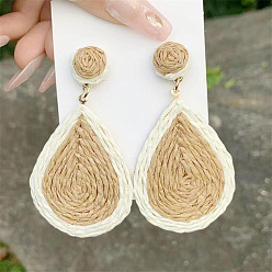 Цвет Древесины Плетеные серьги-гвоздики из сплава рафии в форме капли, золотые, деревесиные, 45 мм