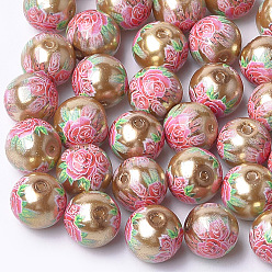 Mixed Color Printed & Spray Painted Imitation Pearl Glass Beads, Round with Flower Pattern, Mixed Color, 8~8.5x7.5mm, Hole: 1.4mm