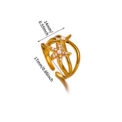 Starfish 304 Stainless Steel & Plastic Pearl Cuff Open Rings, Golden, Starfish, Inner Diameter: 15~20mm