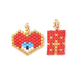 Малиновый 2шт. стеклянный бисер ручной работы с узором для ткацкого станка Miyuki, кулон в виде сердца со злым глазом и прямоугольный кулон в комплекте, с золотой петлей, малиновый, 18x10x2 мм, отверстие : 0.7 мм, 2 шт / комплект