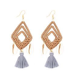 Light Steel Blue Western Style Dangle Earings, with Woven Rattan, Cowrie Shell and Tassel, Rhombus, Light Steel Blue, 100x40mm