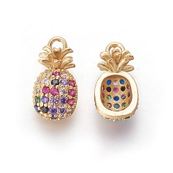 Colorful Brass Micro Pave Cubic Zirconia Pendants, Pineapple, Golden, Colorful, 15x8x5.5mm, Hole: 1.6mm