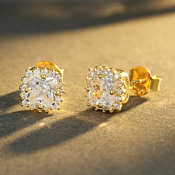 Golden 925 Sterling Silver Micro Pave Cubic Zirconia Square Stud Earrings for Women, Golden, 7.5mm