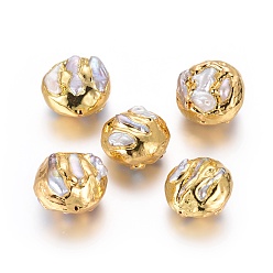 Golden Natural Cultured Freshwater Pearl Beads, Covered with Brass, Flat Round, Golden, 26.5~28.5x25.5~28x15.5~20mm, Hole: 1mm