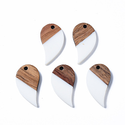 White Opaque Resin & Walnut Wood Pendants, Two Tone, Teardrop, White, 26x13.5x3mm, Hole: 2mm