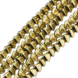 Real 18K Gold Plated Electroplate Non-magnetic Synthetic Hematite Beads Strands, Pyramid, Real 18K Gold Plated, 3x4.5x4mm, Hole: 0.5mm, about 123~124pcs/strand, 15.75 inch(40cm)