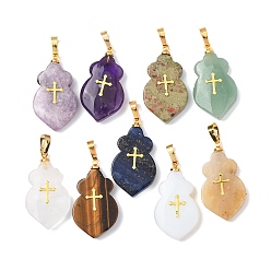 Смешанные камни Природные и синтетические смешанные каменные подвески, Тыквообразной формы с латунными защелкивающимися креплениями и 304 крестообразными кабошонами из нержавеющей стали., золотые, смешанные окрашенные и неокрашенные, 30.5~31.5x17~17.5x4.5~7 мм, отверстие : 7.5x4 мм