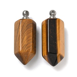 Тигровый глаз Натуральные подвески для флаконов с тигровым глазом, граненые подвески-пули для бутылок с 304 винтовыми дужками из нержавеющей стали, цвет нержавеющей стали, 42~44x16~16.5x14~14.5 мм, отверстие : 2.5 мм