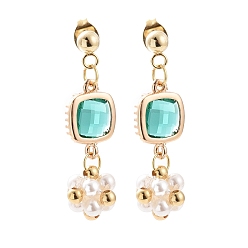 Turquoise Shell Pearl Flower with Glass Square Dangle Stud Earrings, Golden 304 Stainless Steel Drop Earrings for Women, Golden, 35mm, Pin: 0.6mm