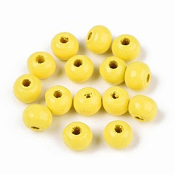 Желтый Круглые бусины из натурального дерева схима, окрашенные распылением, желтые, 6~6.5x4.5~5 мм, отверстие : 1.6~1.8 мм