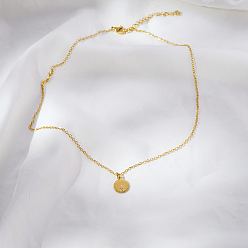 Настоящее золото 18K Простые плоские круглые подвески из нержавеющей стали с прозрачными кубическими цирконами для ежедневного ношения женщинами, реальный 18 k позолоченный, 16.54 дюйм (42 см)